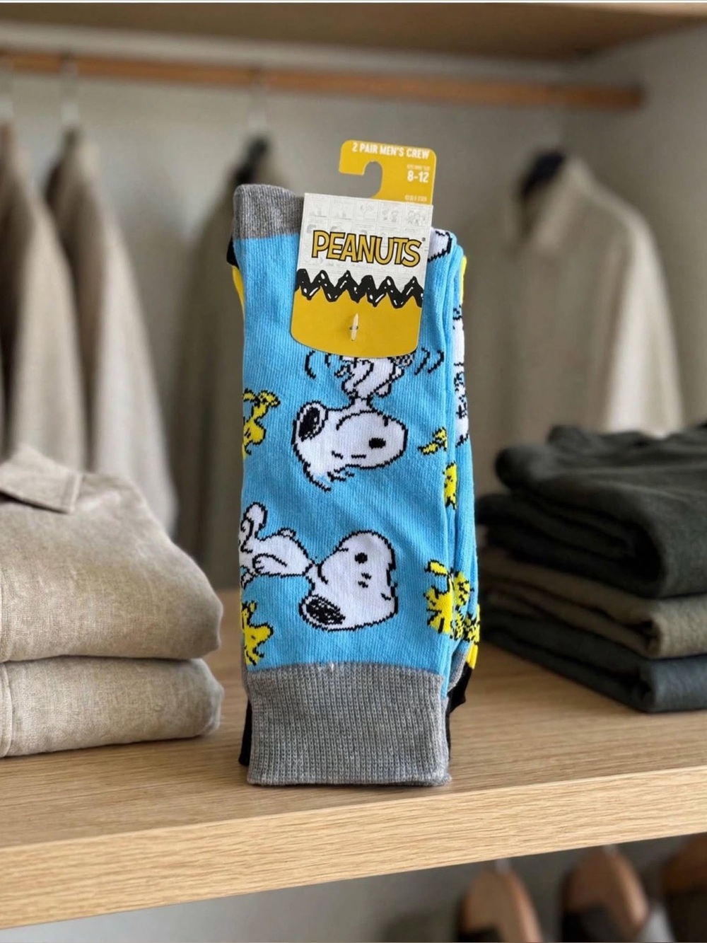 Peanuts Men's Crew Socks - Sky Blue Snoopy & Yellow Woodstock Print
